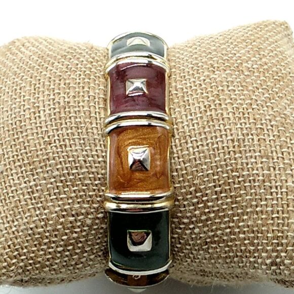 VTG Hinged Bangle Bracelet Gold Tone Multi Color Swirled Enamel Bracelet 6.5" - Picture 6 of 6